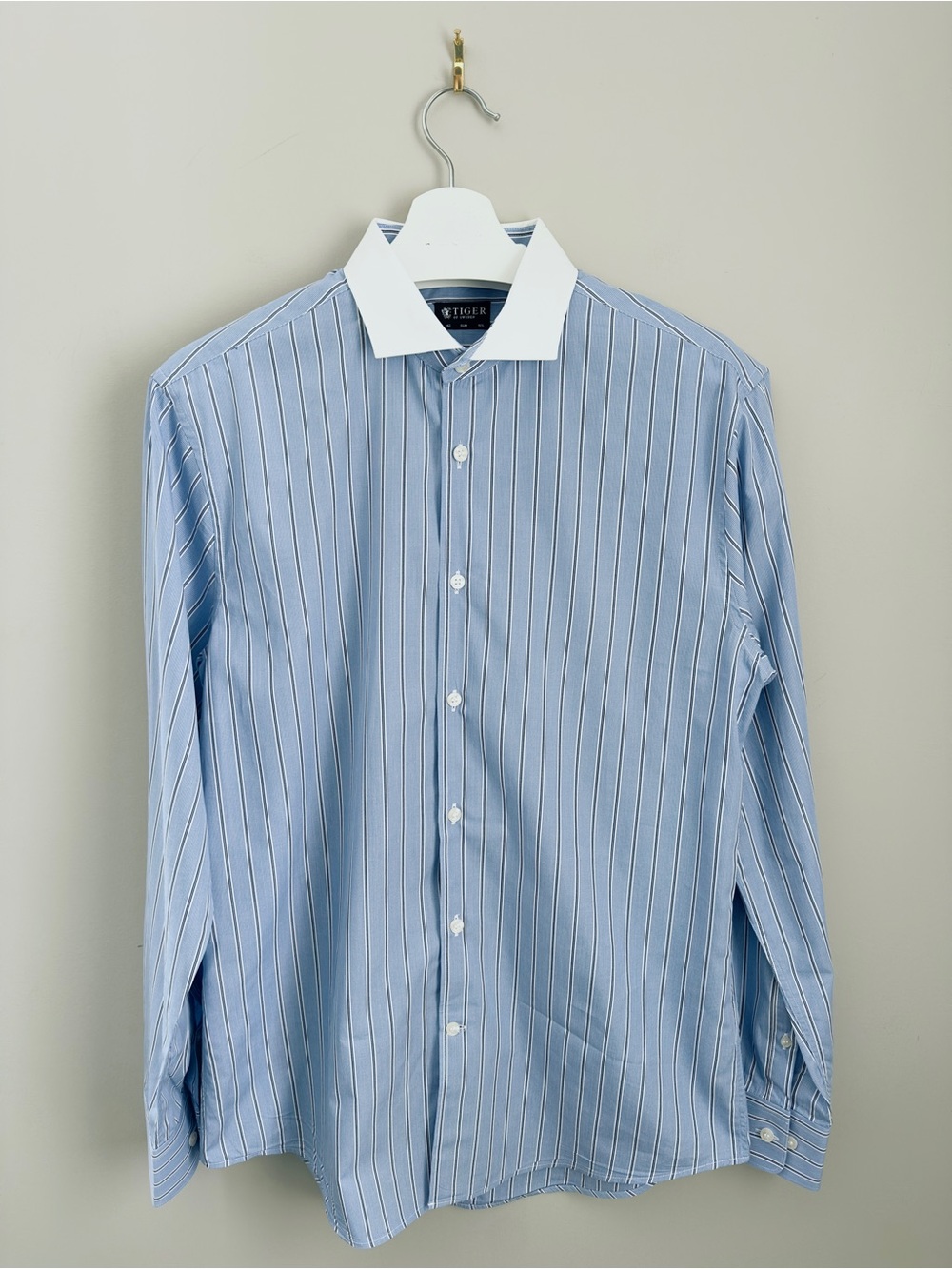 Tiger of Sweden Light Blue Pinstripe Shirt with White Contrast Collar
